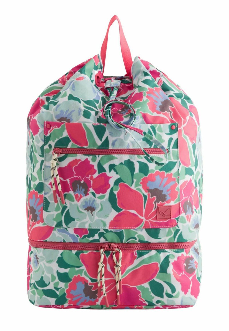 Sac à dos à cordon floral en rose, vert et bleu. Comprend une poche zippée à l'avant, des boucles en tissu et une texture lisse.