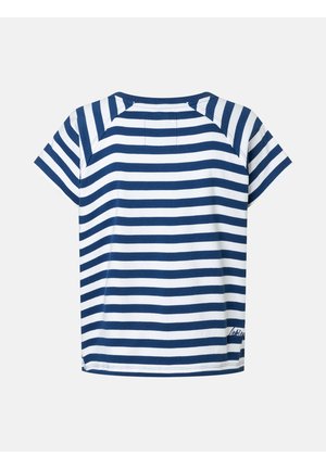 Navyblaues und weißes, horizontal gestreiftes T-Shirt mit kurzen Ärmeln und rundem Ausschnitt, von hinten gezeigt.