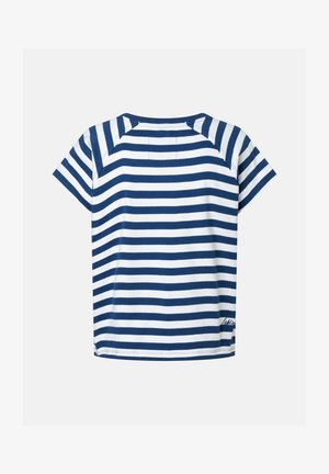 Navyblaues und weißes, horizontal gestreiftes T-Shirt mit kurzen Ärmeln und rundem Ausschnitt, von hinten gezeigt.