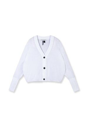 Cardigan blanc léger à manches longues, col en V, poignets côtelés et trois boutons noirs sur l'avant, posé à plat.