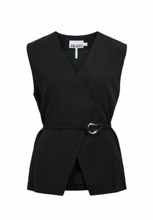 Czarna bezrękawnikowa kamizelka z dekoltem w serek i cienkim paskiem z nieregularną srebrną klamrą w talii.
