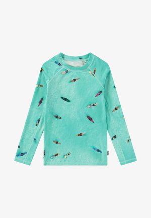 Langarmshirt in Mintgrün mit einem Muster aus bunten Surfbrettern. Weiches Material mit Rundhalsausschnitt und Kontrastnähten.