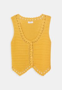 Gilet en tricot jaune avec des bords festonnés, un tissu texturé et une grande fermeture à bouton. Garniture en crochet décorative autour de l'encolure et de l'ourlet.