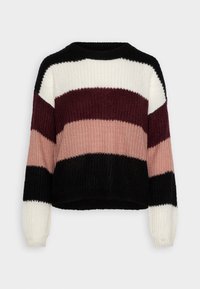 Pull en maille avec des rayures horizontales en noir, blanc, bordeaux, rose clair et rose foncé. Texture côtelée et coupe courte.