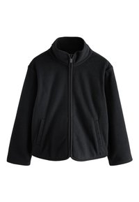 Giacca in pile nera con colletto alto, cerniera frontale e due tasche laterali. Presenta una texture liscia e un design semplice.
