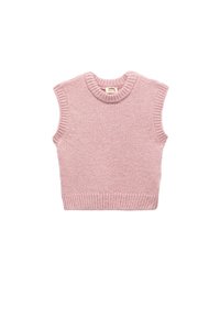 Roze gebreide mouwloze trui met een ronde hals, ribbelboord en zachte textuur. Ontworpen voor kinderen met een eenvoudige, minimalistische stijl.