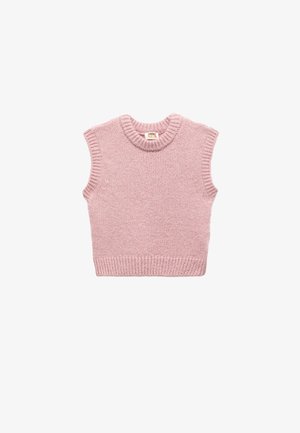 Maglione senza maniche rosa lavorato a maglia con collo rotondo, bordo a costina e trama morbida. Progettato per bambini con uno stile semplice e minimalista.