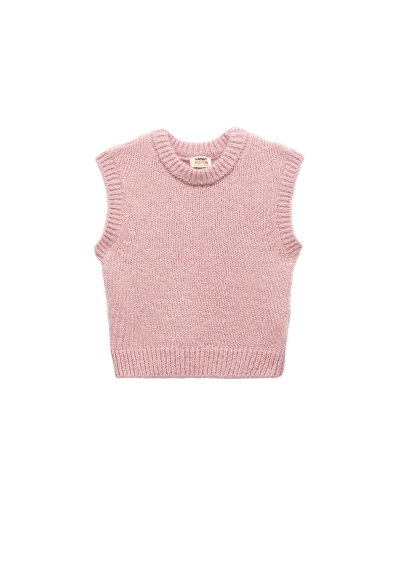 Roze gebreide mouwloze trui met een ronde hals, ribbelboord en zachte textuur. Ontworpen voor kinderen met een eenvoudige, minimalistische stijl.