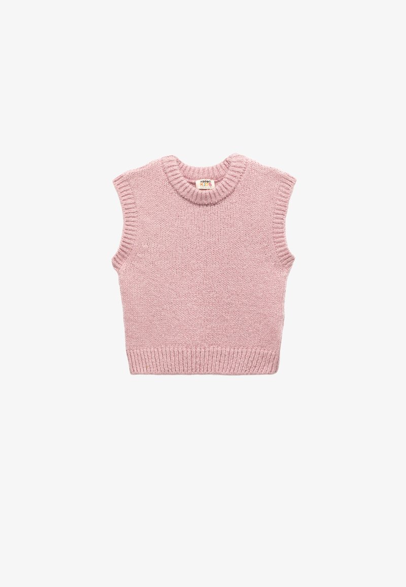 Roze gebreide mouwloze trui met een ronde hals, ribbelboord en zachte textuur. Ontworpen voor kinderen met een eenvoudige, minimalistische stijl.
