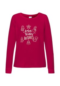 Rotes Langarmshirt mit weißen, winterlichen Grafiken, darunter ein Handschuh, ein Stern, ein Schneemann, ein Baum, eine Glocke und ein Strumpf, um den Text "warme Winterwünsche".
