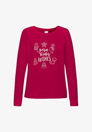 Chemise rouge à manches longues avec des graphismes d'hiver blancs, y compris des mitaines, une étoile, un bonhomme de neige, un arbre, une cloche et un bas, entourant le texte "meilleurs vœux hivernaux".