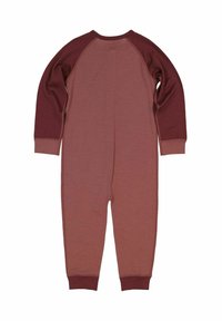 Long-sleeve onesie made of soft fabric, featuring a two-tone design in rust and burgundy, with ribbed cuffs and a round neckline.