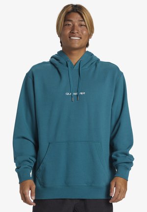 Teal hoodie made of soft cotton blend, featuring a front pocket, drawstring hood, and a white logo centered on the chest.