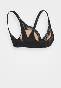 Sutiã de renda preta com um design semi-transparente, alças ajustáveis e uma camada base lisa em tom bege.