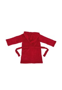 Rode fleece badjas met lange mouwen, een capuchon en een gestrikte taille. Zachte textuur, rechte snit en effen kleur zonder patronen.