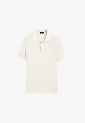 Korte mouwen polo shirt in crèmekleurige gebreide stof, met een platte kraag, een placket met twee knopen en een gestructureerd weefpatroon.