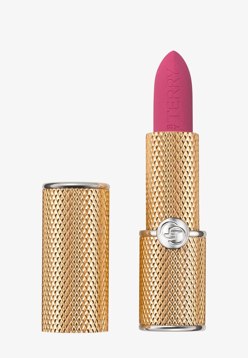 Goldfarbener Lippenstiftetui mit einem matten, rosa Lippenstift. Verfügt über einen silbernen Akzent am Boden und ein strukturiertes Muster für besseren Halt.