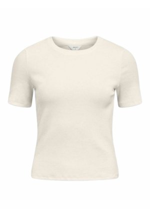 T-shirt en coton écru à manches courtes, col rond, coupe ajustée avec une petite étiquette de marque à l'intérieur du col.