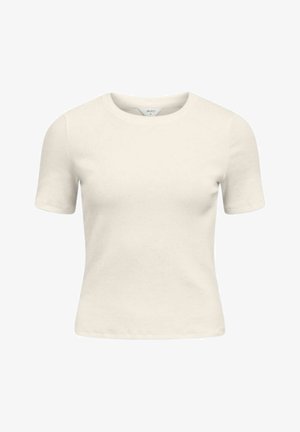 Rövid ujjú, kerek nyakú, törtfehér pamut póló, testhez simuló szabással és egy kis márkajelzés a gallér belsejében.