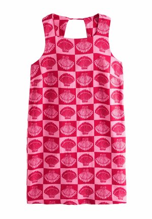 Roosa varrukateta kleit, millel korduv kestamuster eri roosades toonides heledamal roosal taustal. Sisaldab iseloomulikku seljal olevat avarat võtmekujulist lõiget.