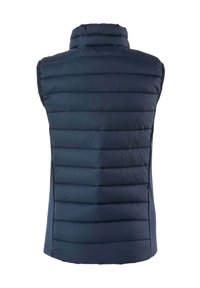 Gilet matelassé bleu marine vu de dos, avec des coutures horizontales et un col haut rembourré, présenté sur fond blanc uni.