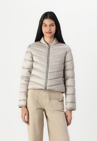 Light gray puffer jacket with a high collar, horizontal chevron stitching, and a front zipper. Smooth, shiny fabric with a cropped design.