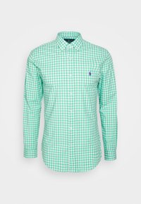 Košile s dlouhým rukávem v zeleno-bílém kostkovaném vzoru s límcem na knoflíky a malým vyšitým logem na prsou. Tkanina z bavlněné směsi.