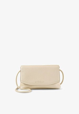 Lille beige crossbody-taske i tekstureret læder med klaplukning og tynd justerbar rem.
