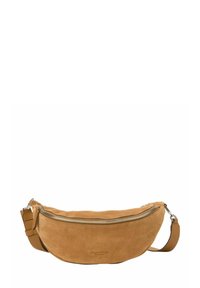 Borsa a tracolla in suede marrone a forma di mezza luna con zip argentata e tracolla in pelle regolabile, logo Marc O'Polo stampato al centro frontale.