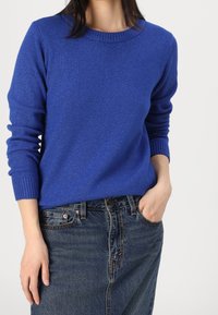 Blå stickad tröja med rund halsringning och ribbade ärmslut, kombinerad med en mörk denimkjol. Tyget verkar slätt och har en medeltjocklek.