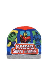 Gorro de lana con superhéroes de Marvel Comics. Colores brillantes con paneles decorativos, detalle del logo y puño gris en la parte inferior.