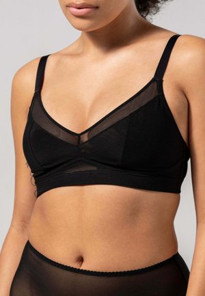 Zwarte bralette met een V-halslijn, gaaspanelen en verstelbare bandjes. Het materiaal is zacht met een gladde textuur en een elastische band.