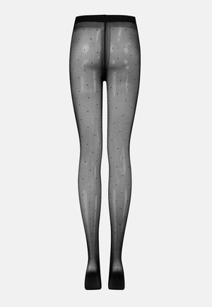 Durchsichtige schwarze Strumpfhosen mit kleinem Punktmuster, glatter Textur und einem einfarbigen schwarzen Bund, die die Beine von der Taille bis zu den Zehen bedecken.