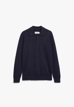 Marineblaues Poloshirt mit langen Ärmeln aus strukturiertem Stoff, ausgestattet mit einer dreiknöpfigen Leiste, einem klassischen Kragen und einem dezenten Logo auf der Brust.