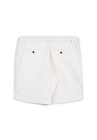 Herren-Shorts in hellem Beige mit dünnen vertikalen Streifen. Verfügt über zwei Gesäßtaschen mit schwarzen Knöpfen und einem elastischen Bund für zusätzlichen Komfort.