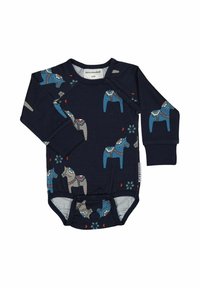 Långärmad baby bodysuit i marinblått med lekfulla djurtryck, med tryckknappar på axeln och botten för enkel påklädning.