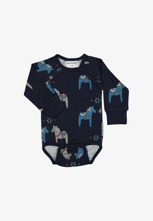 Pitkähihaiset vauvan body sinisessä värissä, jossa on leikkisiä eläinkuvioita. Bodyssa on napit olkapäillä ja alaosassa, mikä helpottaa pukemista.