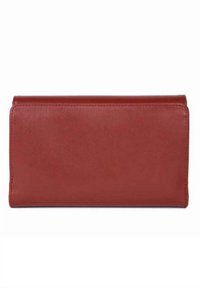 Portafoglio in pelle rossa con una superficie liscia, forma rettangolare e design semplice. Presenta angoli arrotondati e una chiusura piegata.