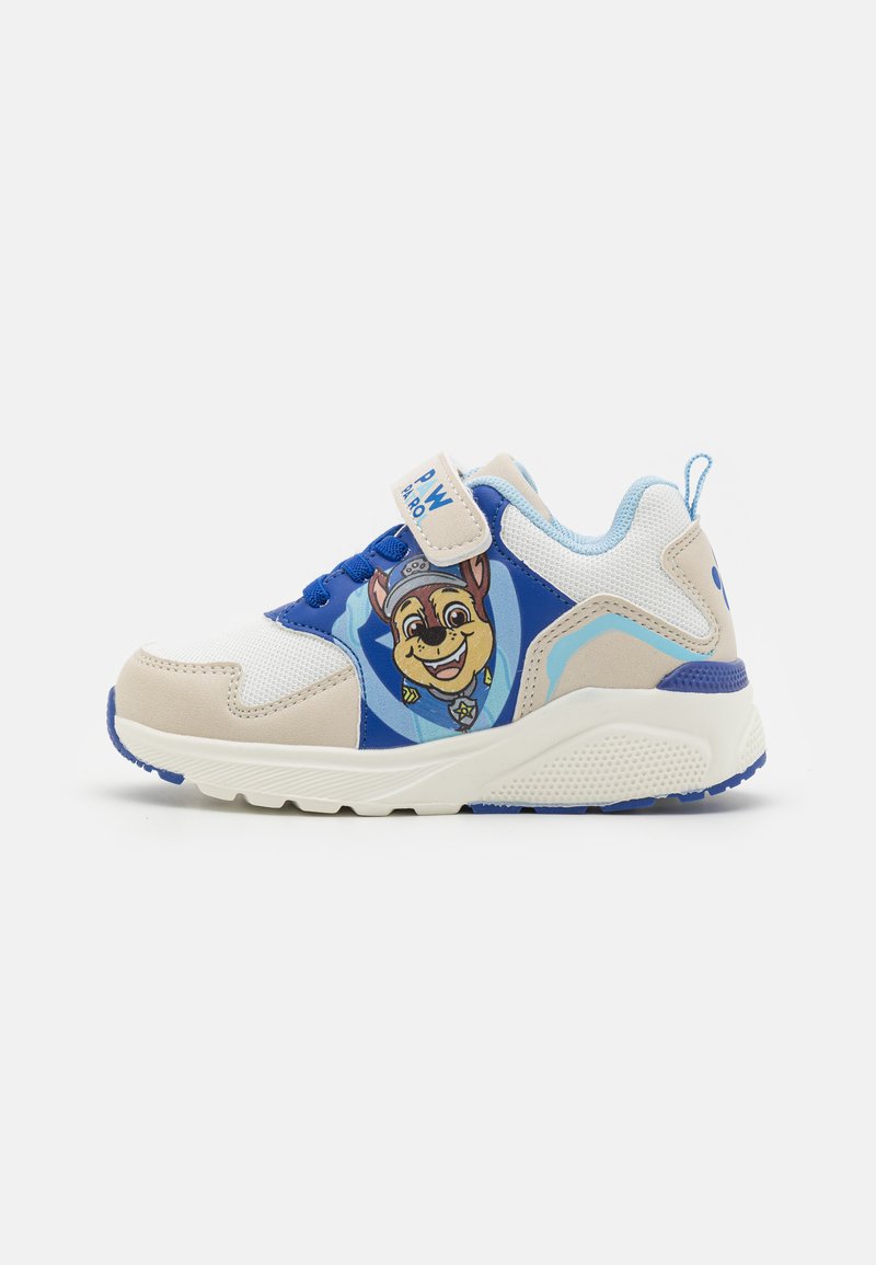 Children's sneakers featuring a blue and beige design, mesh upper, velcro strap, and a cartoon character graphic on the side.