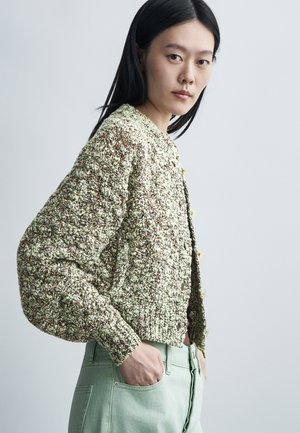 Jeune femme aux longs cheveux noirs portant un cardigan tricoté beige et marron texturé et un pantalon taille haute vert clair, les mains dans les poches.