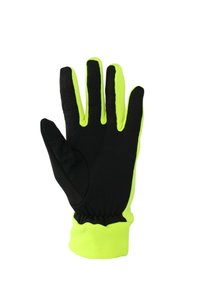 Zwarte en neon gele handschoen met een textuur grip, elastische manchette en een nauwsluitende pasvorm. Geschikt voor buitensporten en verbeterde grip.
