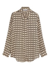Blouse beige à manches longues avec motif géométrique de cubes noirs, devant boutonné et col classique.