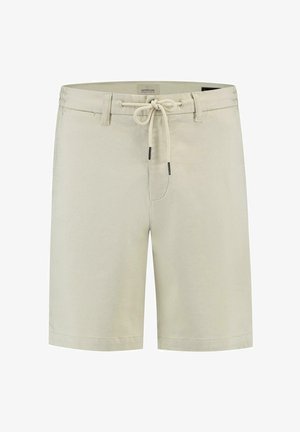 Pehmed khaki lühikesed püksid pehmest kangast, millel on mustade aglettidega stringi vöökoht, esitaskud ning sirge lõige, kus ääred on viimistletud.