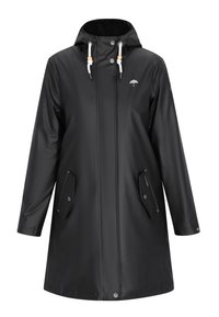 Čierny neprepúšťajúci vode plášť s kapucňou, nastaviteľnými šnúrkami, zapínaním na cvoky a dvomi šikmými prednými vreckami. Hladký, lesklý povrch.
