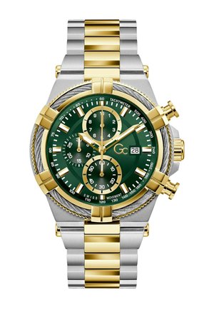 Herrenarmbanduhr mit grünem Zifferblatt, Metallarmband in Gold und Silber, Chronographen-Unterzifferblättern, Datumsanzeige und goldfarbenen Akzenten auf Lünette und Tasten.
