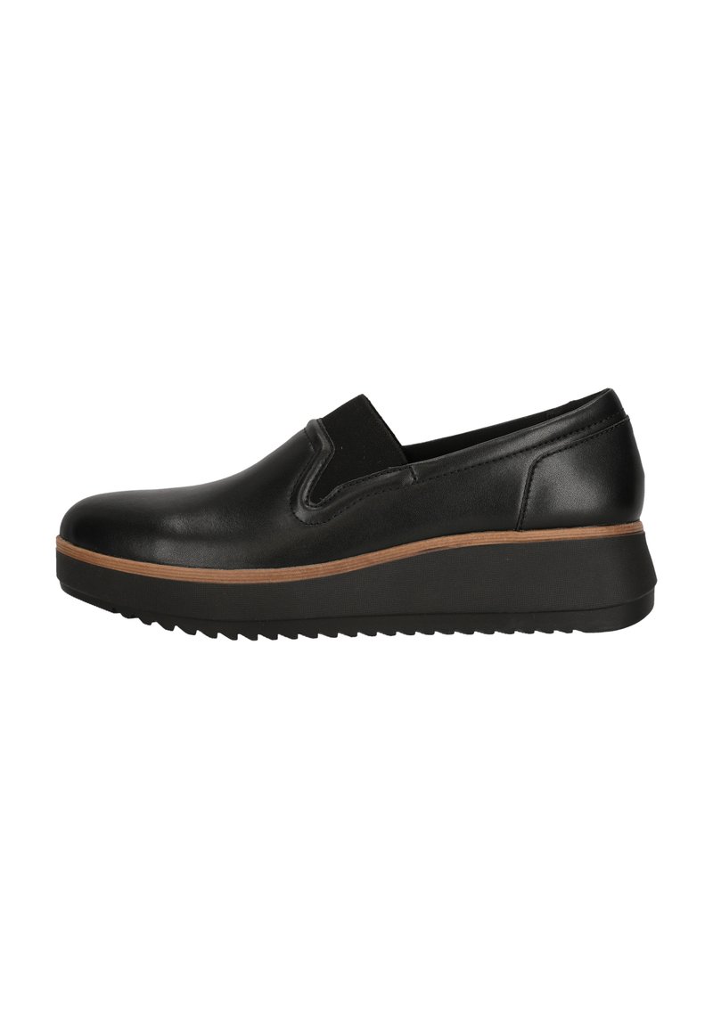 Des chaussures noires en cuir à enfiler avec une semelle extérieure texturée légèrement surélevée et une semelle intermédiaire marron contrastante pour plus de détails.