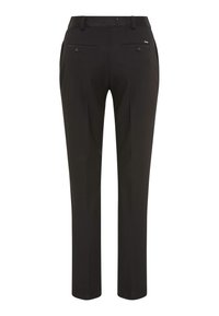 Pantaloni sartoriali neri con vestibilità slim, davanti piatto, due tasche posteriori con bottoni e una texture liscia. Presentano una vita con passanti per cintura.