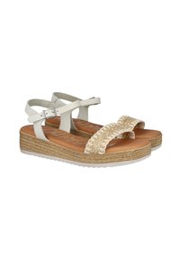 Sandalias de cuero blanco con correas cruzadas, detalle de rafia trenzada y plataforma de yute trenzado. Suela texturizada para mayor agarre.
