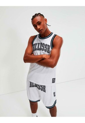 Camiseta de baloncesto de malla blanca y pantalones cortos con acentos y logotipo negros. Diseño sin mangas, cuello redondo y corte holgado.