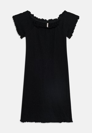 Schwarzes Kurzarmkleid aus strukturiertem Stoff mit Rüschen am Ausschnitt und an den Ärmelkanten sowie einem geraden Saum.